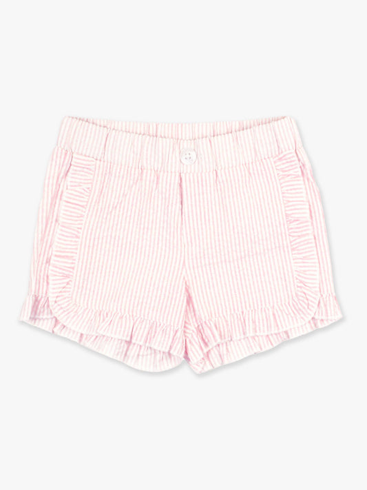 RuffleButts + RuggedButts - Toddler Girls Pink Seersucker Ruffle Trim Woven Shorts