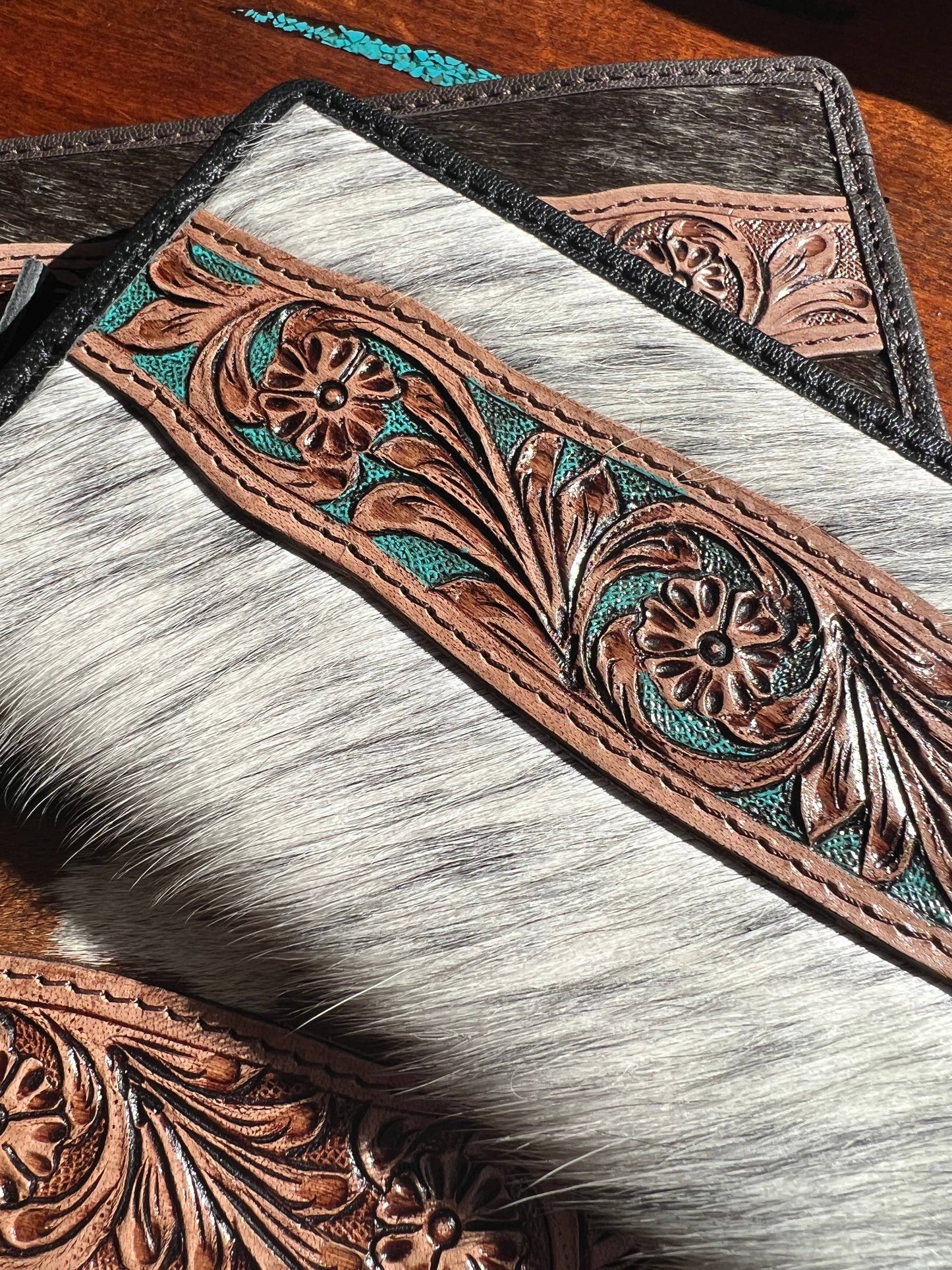 Equipage - Tooled Leather Floral Cowhide Zip Close Wallet: Turquoise Tooled