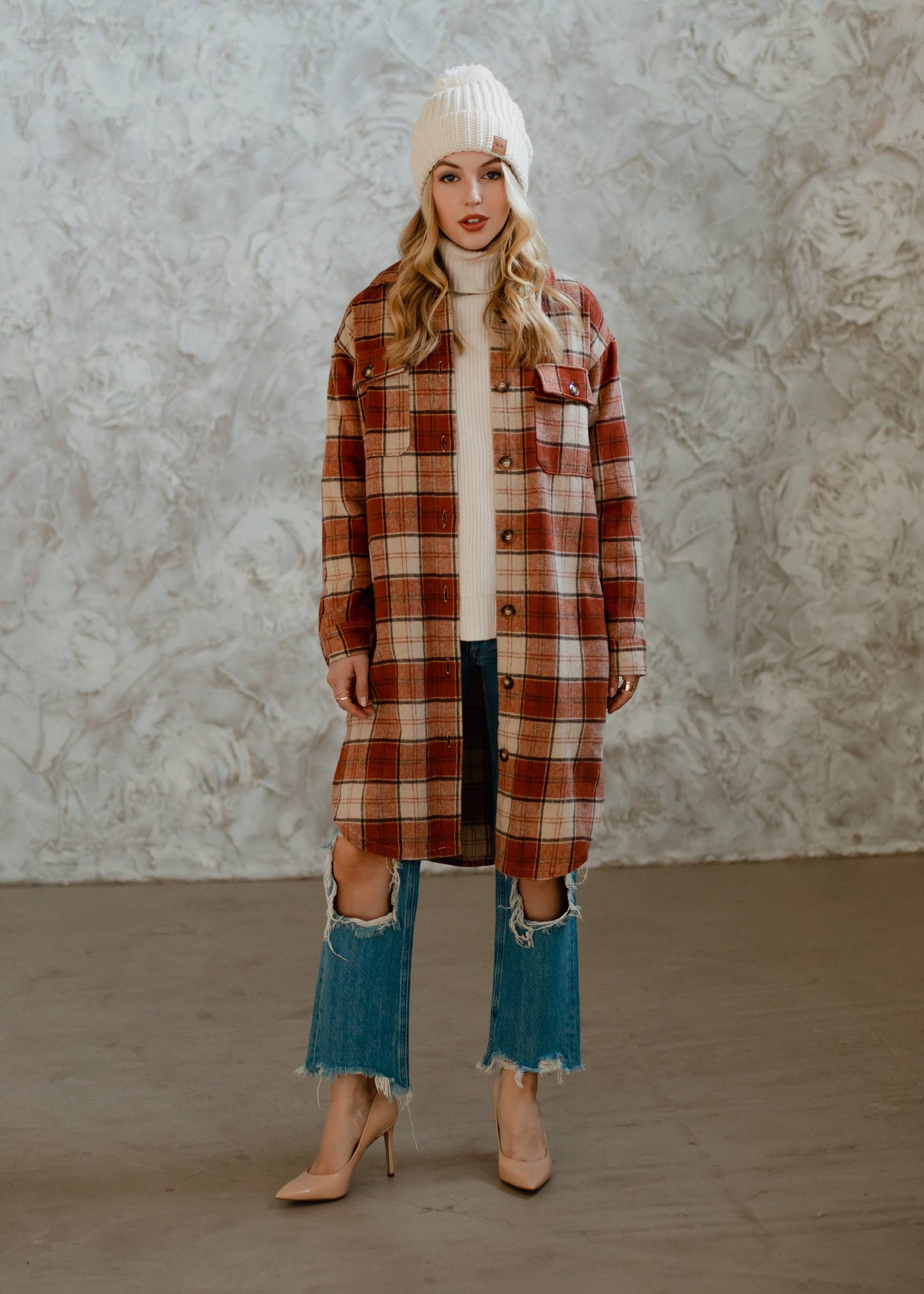 Rust, Cream & Brown Plaid Long Flannel