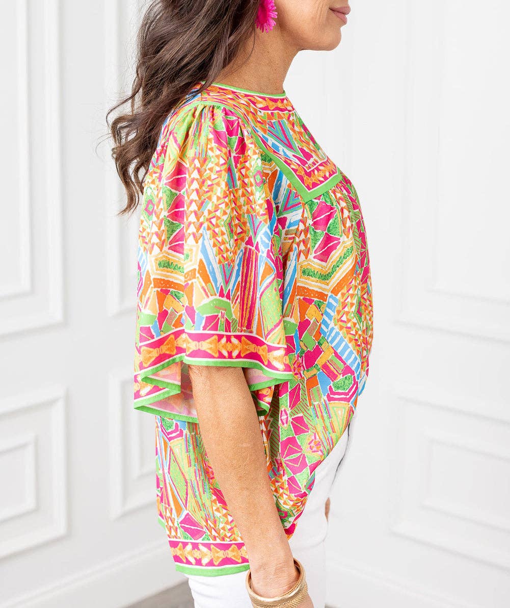 FULL TIME PURCHASE - Geometric Print Bell Sleeve O Neck Babydoll Blouse