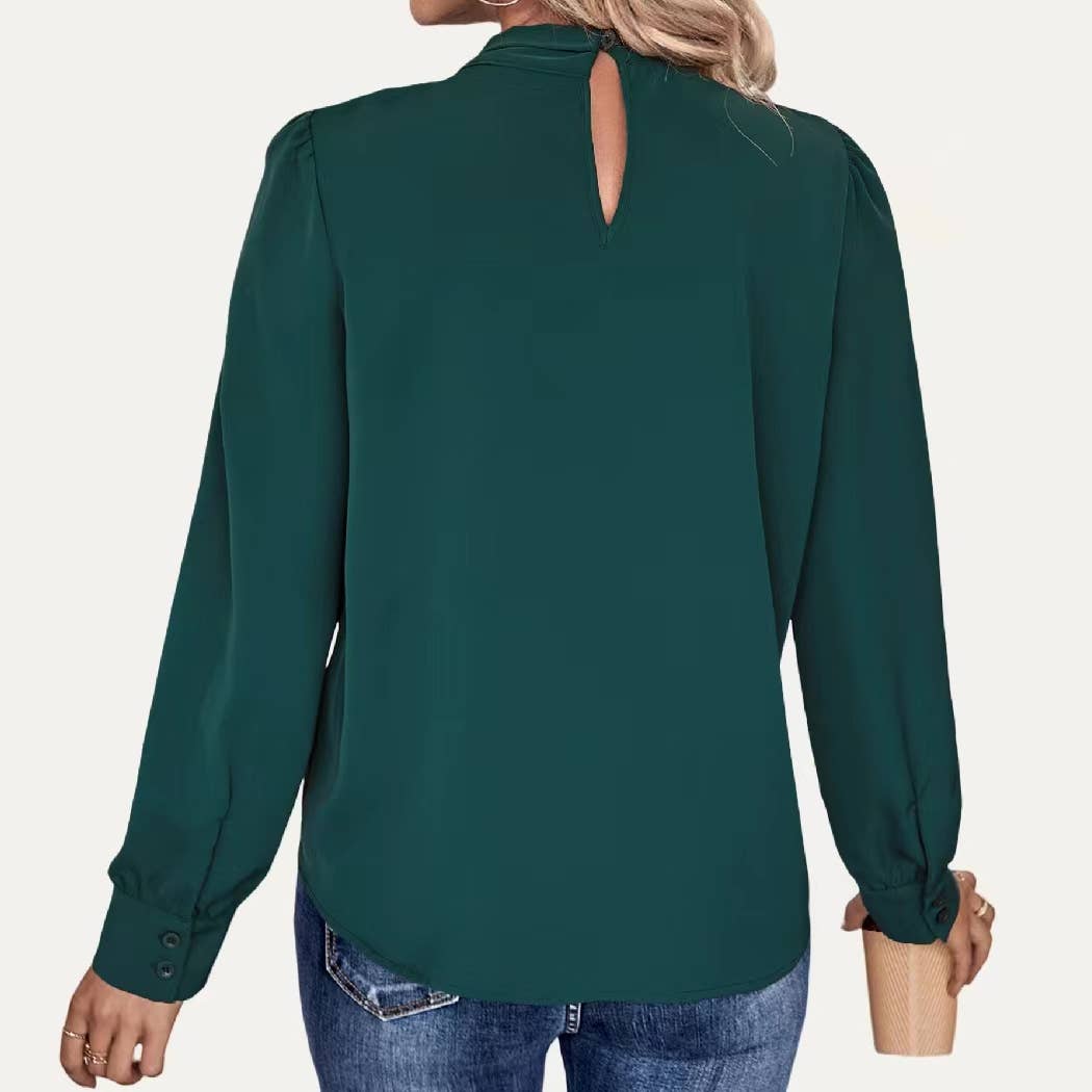 Graceful Dark Green Halter Neck Long Sleeve Top: Dark Green