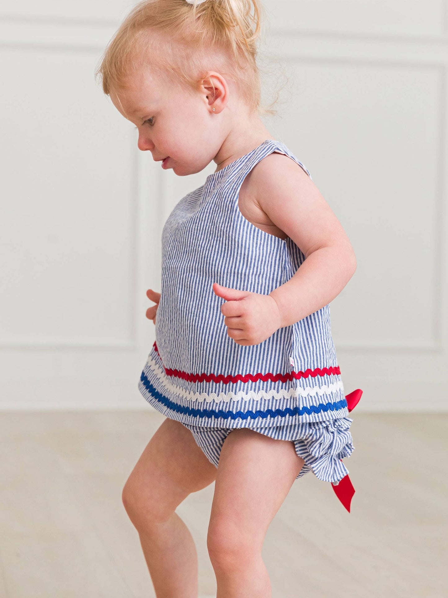RuffleButts + RuggedButts - Baby Girls Classic Blue Americana Seersucker Ric Rac Swing Top & Bloomer Set