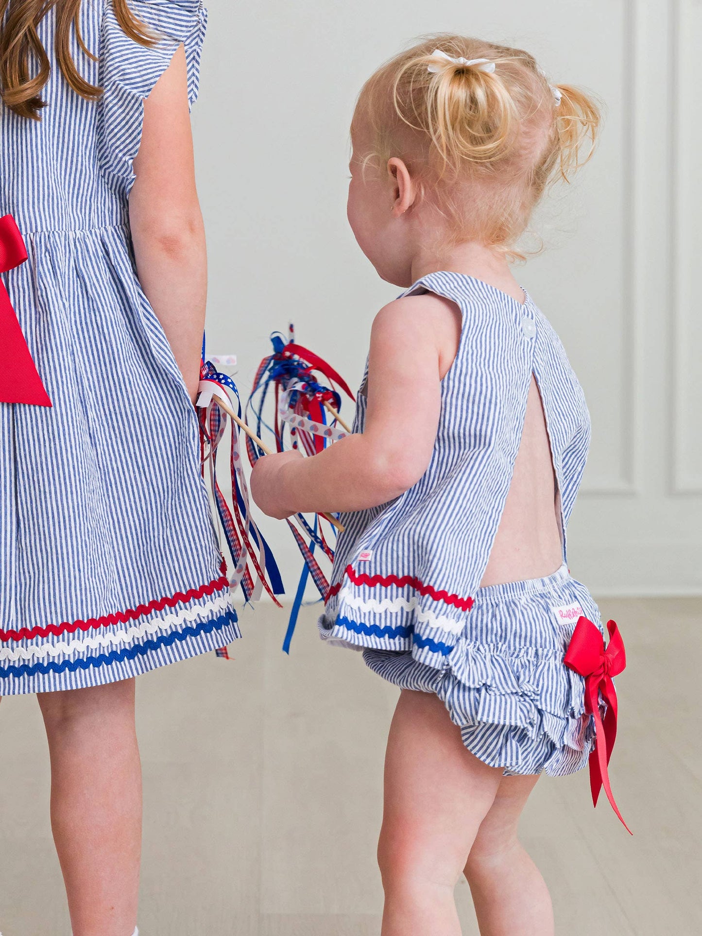 RuffleButts + RuggedButts - Baby Girls Classic Blue Americana Seersucker Ric Rac Swing Top & Bloomer Set