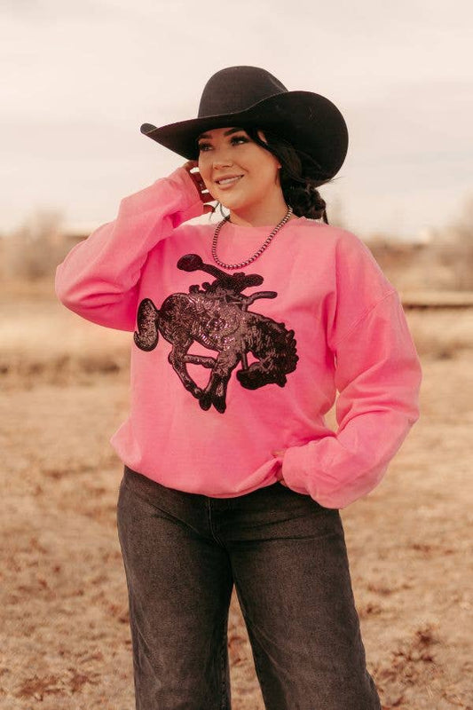 Crazy Consuela - Neon Pink Black Sequin Bronc Sweatshirt