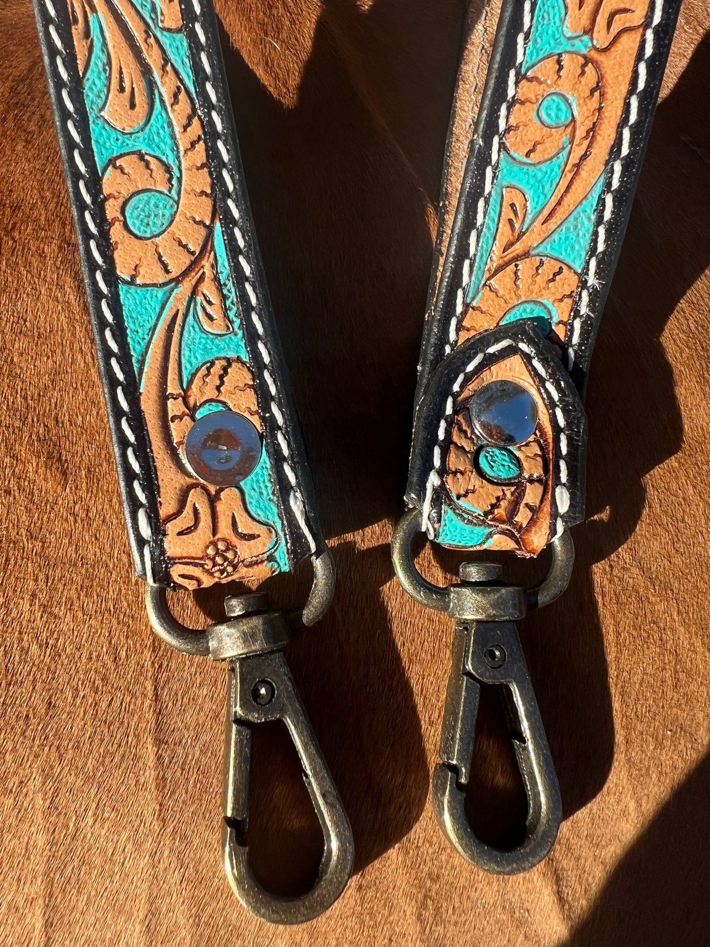 Equipage - Tooled Leather Western Wrist Strap Keychain - Turquoise Pain