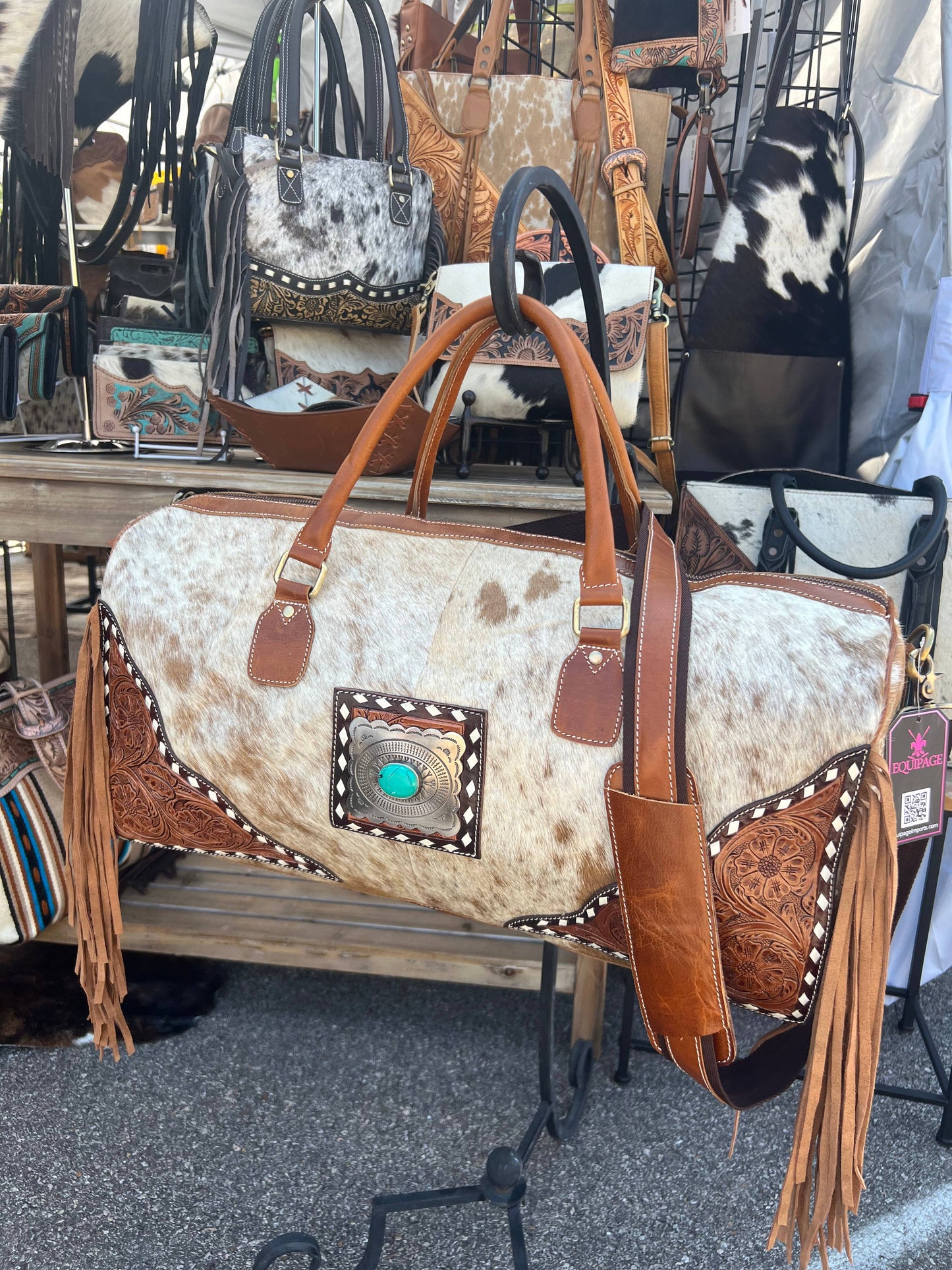 Equipage - Cowhide Tooled Leather Fringe Duffle Travel Bag: Brown