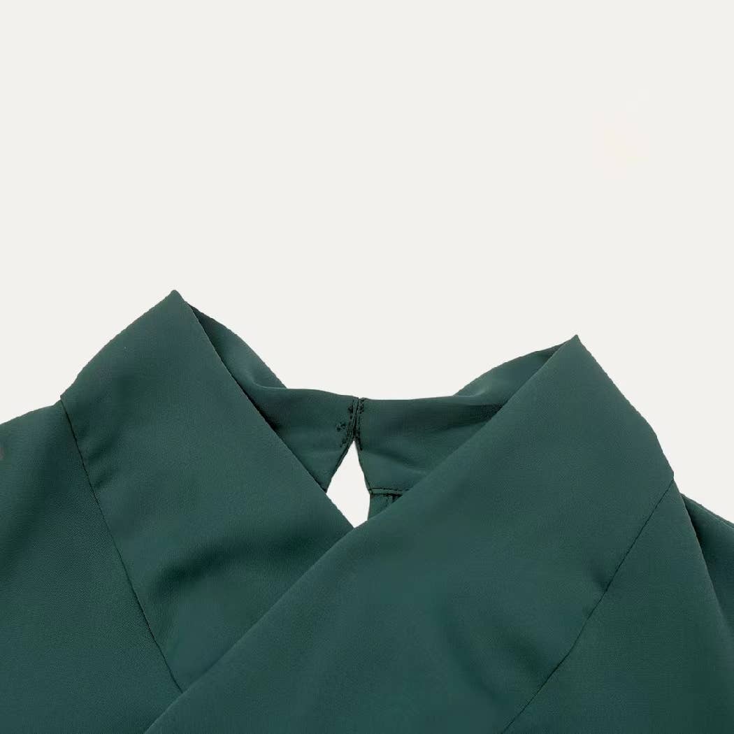 Graceful Dark Green Halter Neck Long Sleeve Top: Dark Green