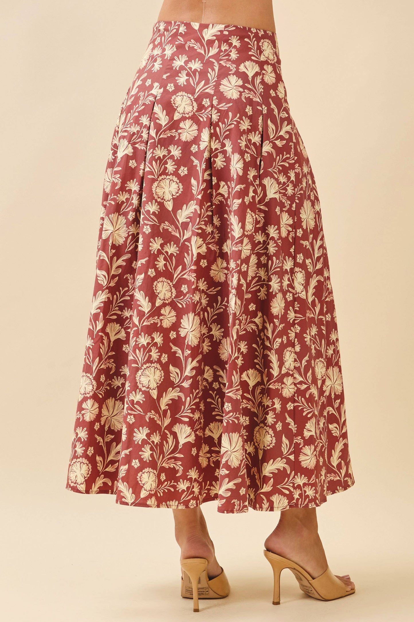 TCEC - CS3907-Floral Print Pleated Detail A Line Midi Skirt