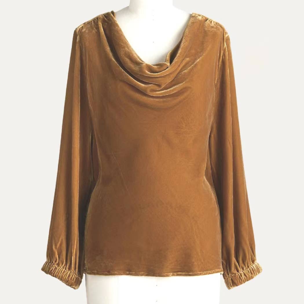 Solid Velvet Drap Neckline Three-Quarters Sleeves Top: