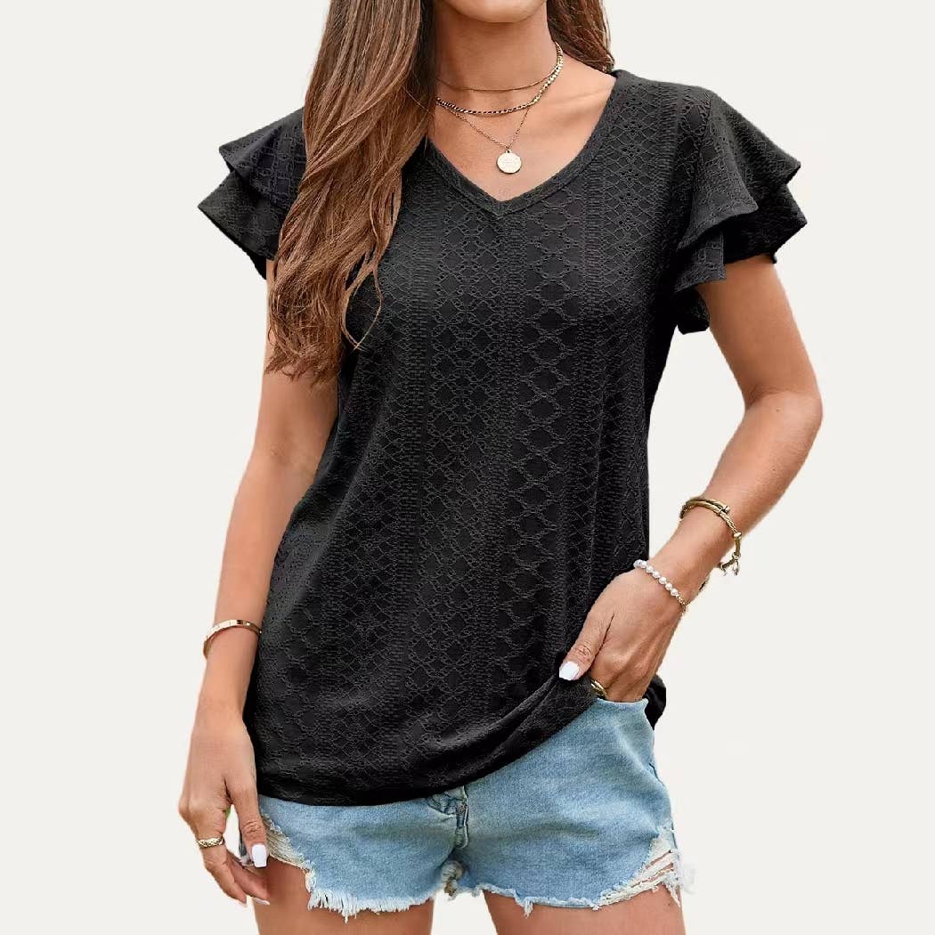 Chic Ruffle V Neck Pierced Pointelle Sheer Short Sleeve Top: WHITE / S