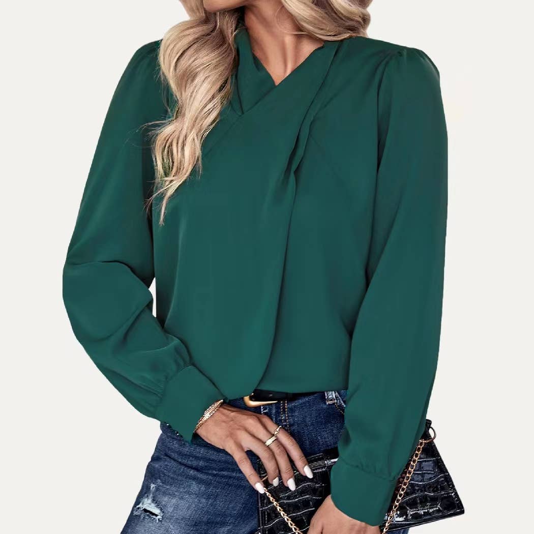 Graceful Dark Green Halter Neck Long Sleeve Top: Dark Green