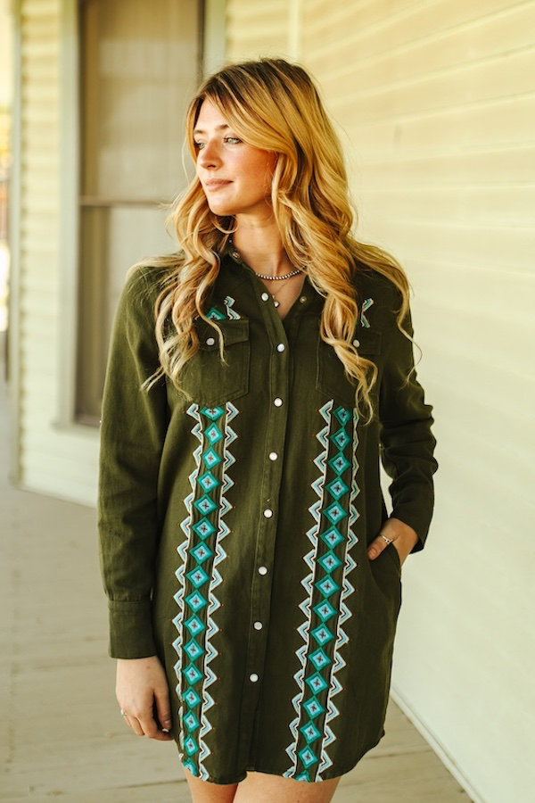 Olive Stretch Denim Embroidered Long Sleeve Shirt Dress