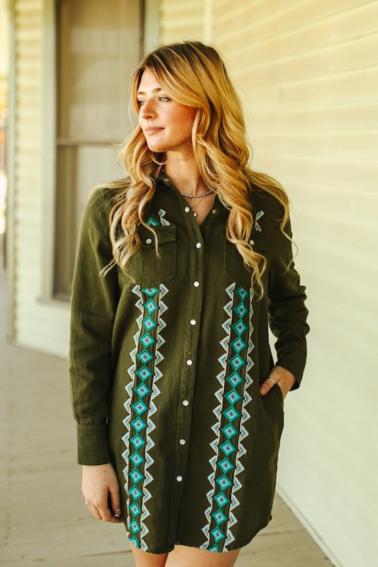 Olive Stretch Denim Embroidered Long Sleeve Shirt Dress