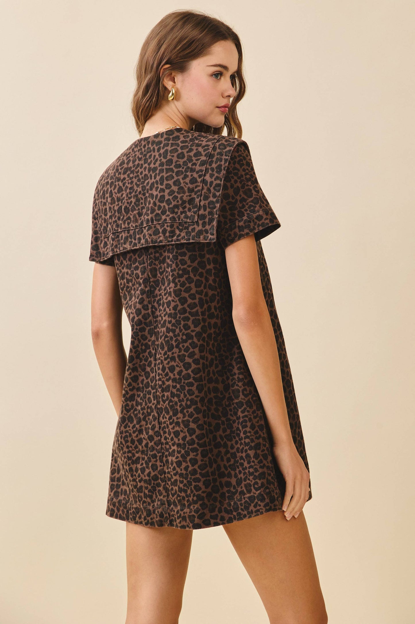 TCEC - 	CD05553-Leopard Wash Oversized Sailor Collar Tied Dress