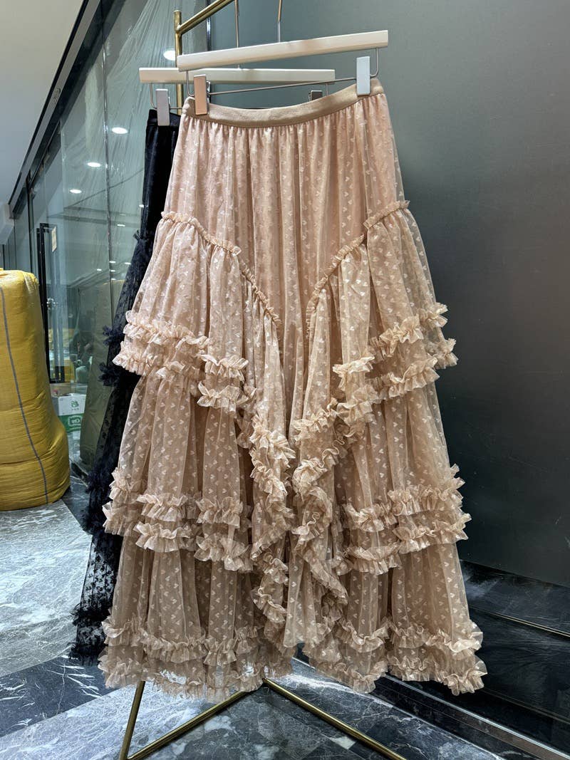 Miss Sparkling - Lace ruffle mesh maxi skirt