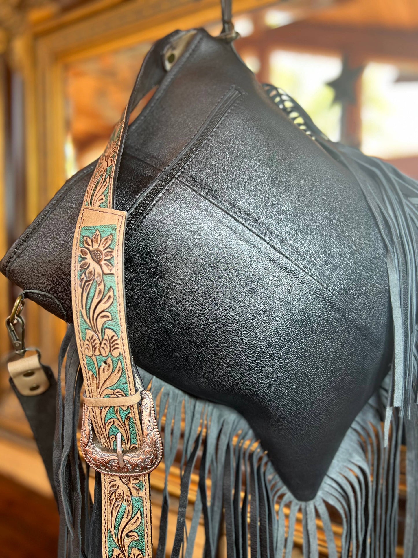 Equipage - Western Tooled Leather Cowhide Purse - Large Buckle Handbag: Turquoise Tooled