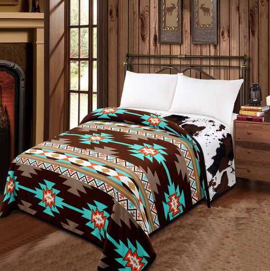 Western Linens - Brown Aztec - Cowprint Mia Reversible 2 Design Blanket