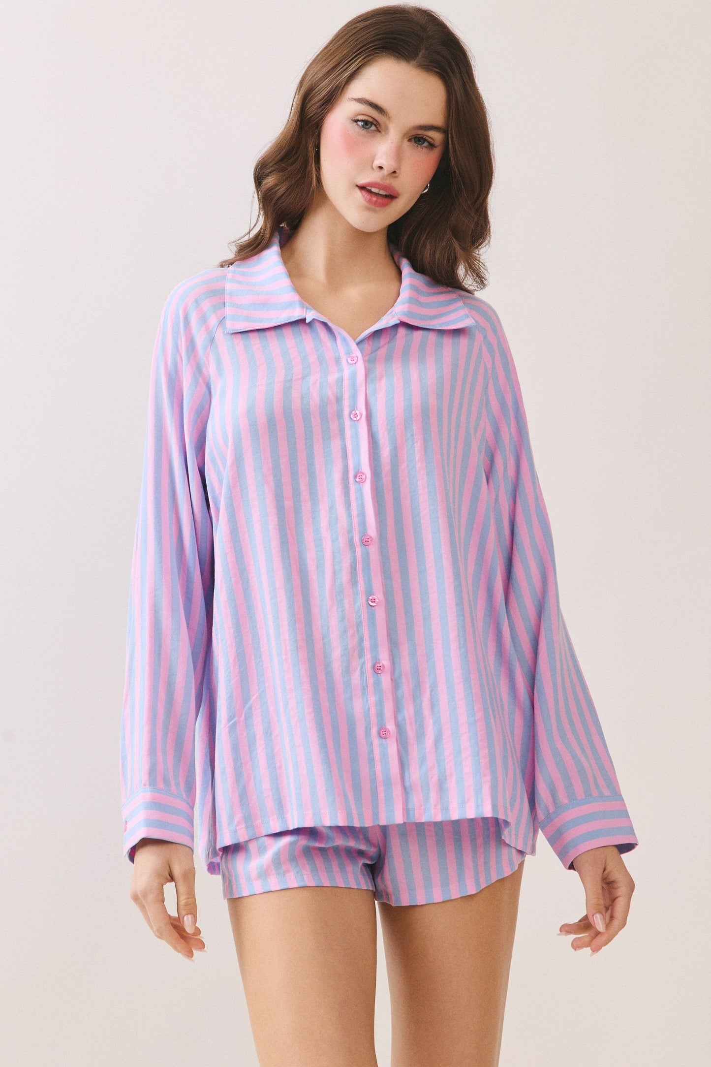 TCEC - CST1047-Striped Button Up Shirt and Matching Shorts Set
