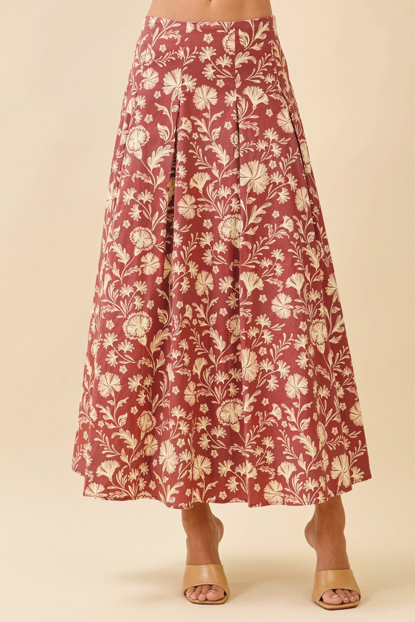 TCEC - CS3907-Floral Print Pleated Detail A Line Midi Skirt