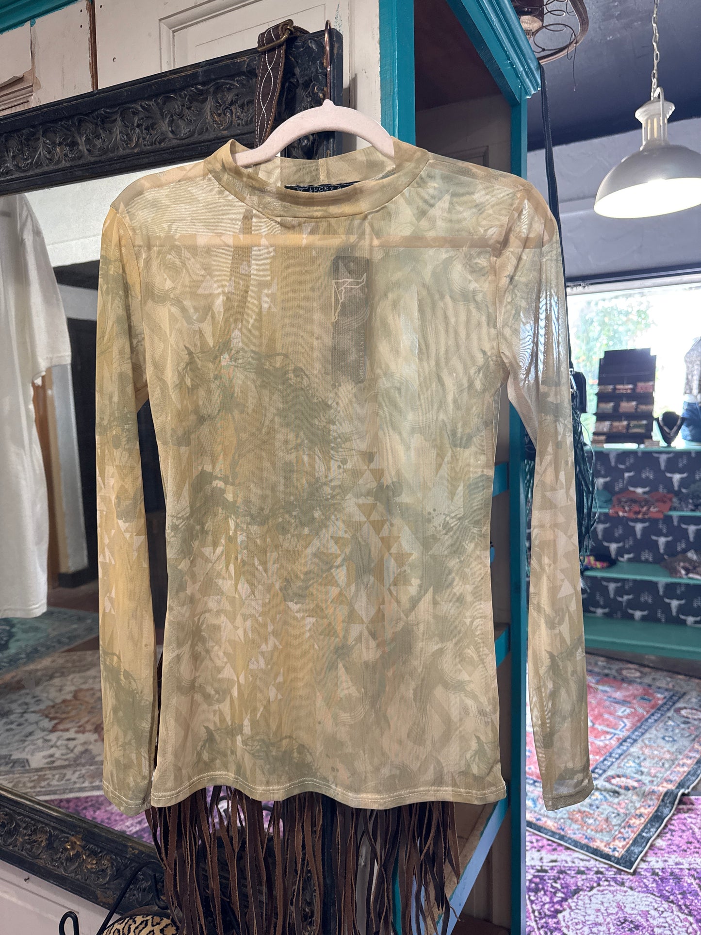 Yellow Beige Aztec Mesh Shirt