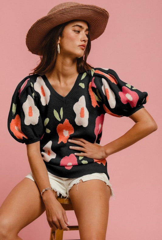 Floral Pattern Puff Sleeve V-Neck Sweater
