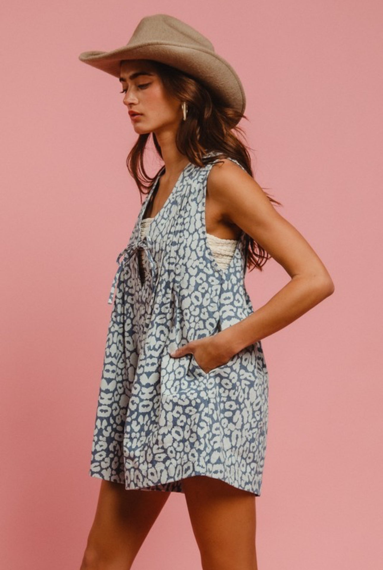 Leopard Pattern Washed Denim Pintuck Romper