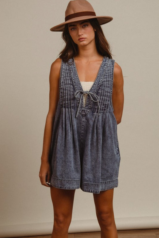 Mineral Washed Pintuck Romper with Sode Pocket