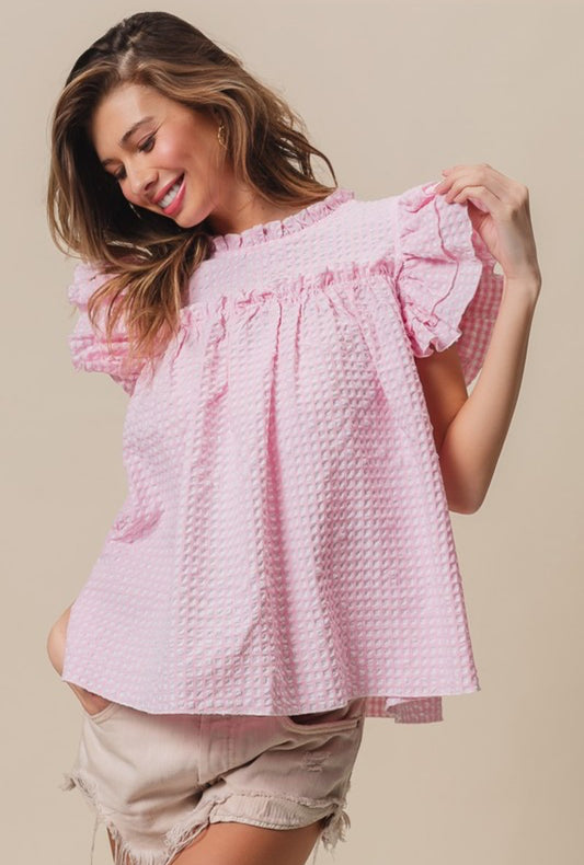 Crinkle Gingham Ruffle Sleeve Top