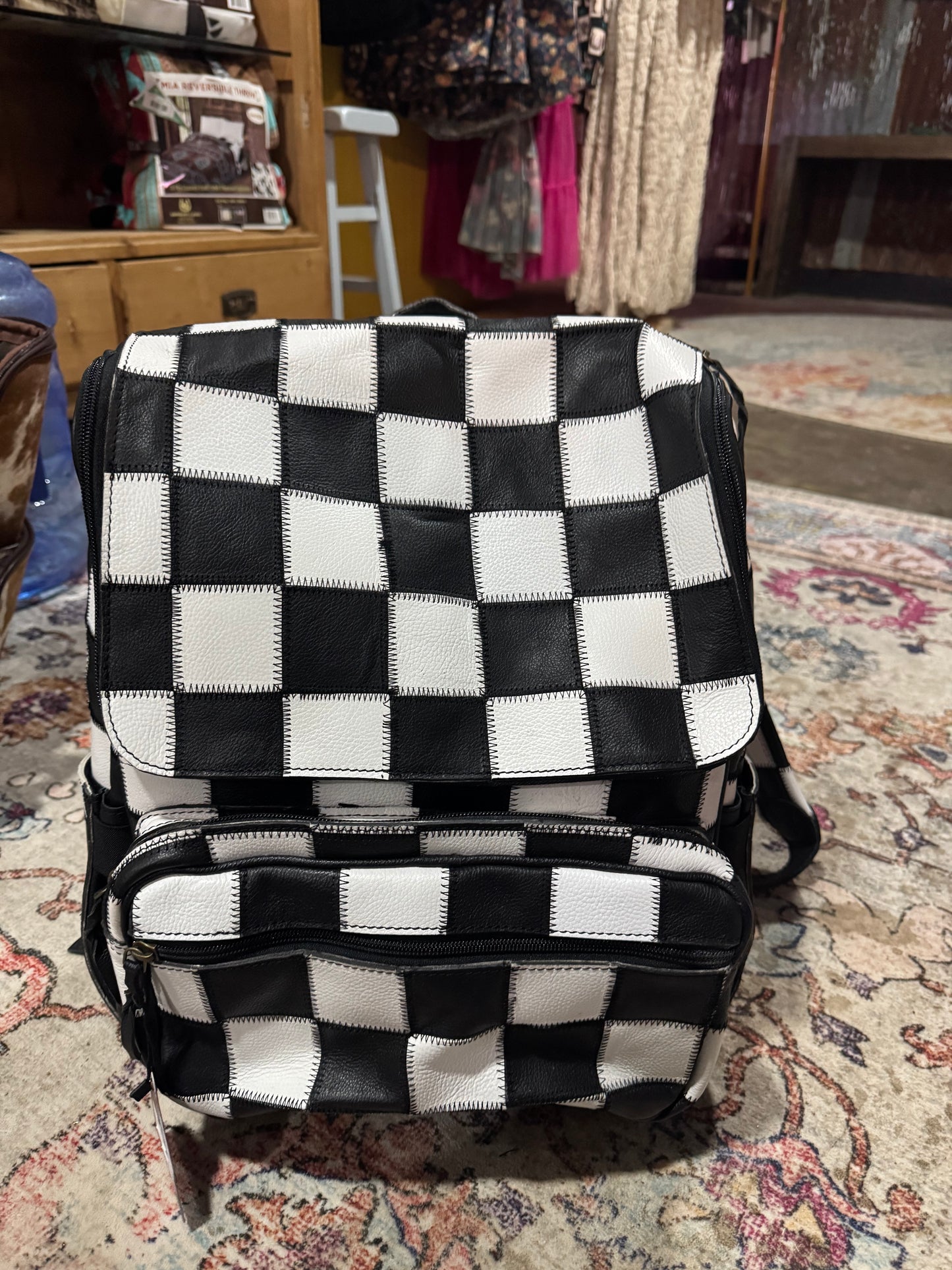 Leather Black And White Check Backpack