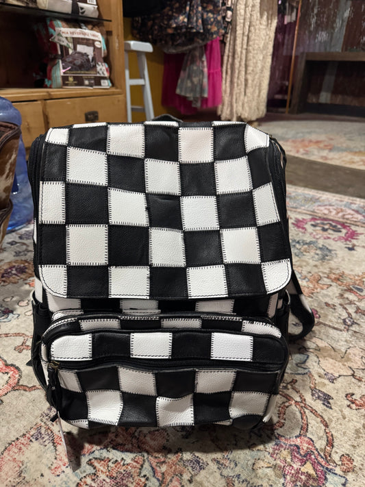Leather Black And White Check Backpack