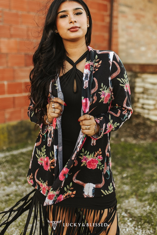 Black Floral Cowskull printed Long Sleeve Cardigan