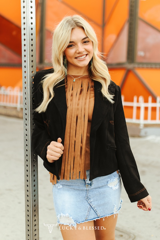 BLACK SUEDE LINED CAMEL BOOT STITCH EMBROIDERY DETAIL BLAZER