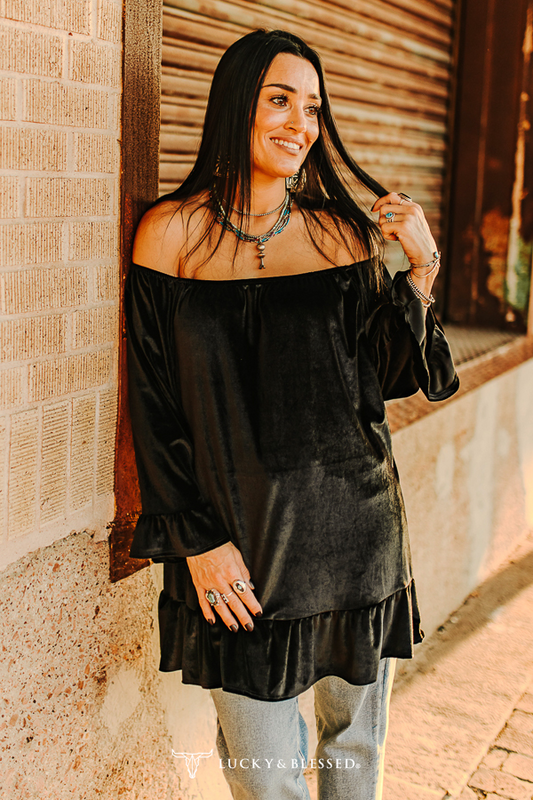 BLACK VELVET OFF THE SHOULDER TIER RUFFLE TUNIC TOP