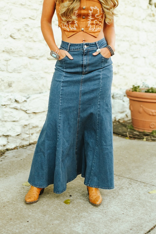 Dark Wash Stretch Denim Ruffled Hem Maxi Skirt