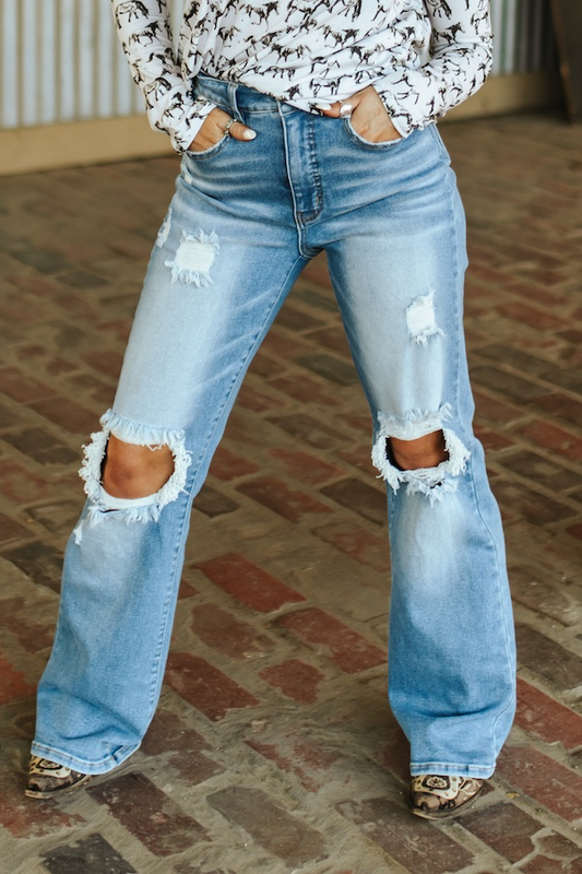Light Wash High Rise Distressed Bootcut Jeans (Tummy Control)