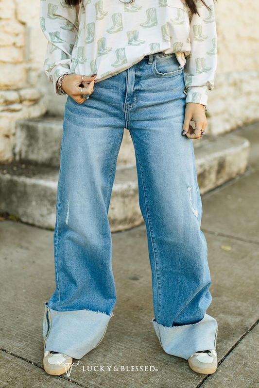 Mid Wash High Rise Cuffed Trouser Jeans (Tummy Control)