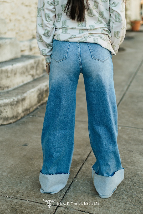 Mid Wash High Rise Cuffed Trouser Jeans (Tummy Control)