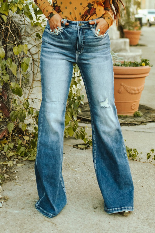 Mid Wash High Rise Slim Flare Jean  (Tummy Control)