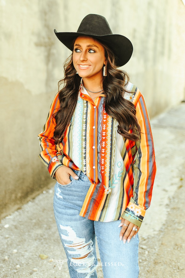 Orange Olive Serape Pearl Snap Button Down Embroidered Top