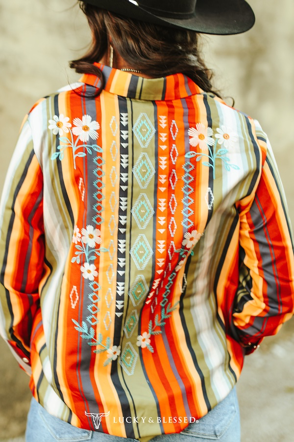 Orange Olive Serape Pearl Snap Button Down Embroidered Top