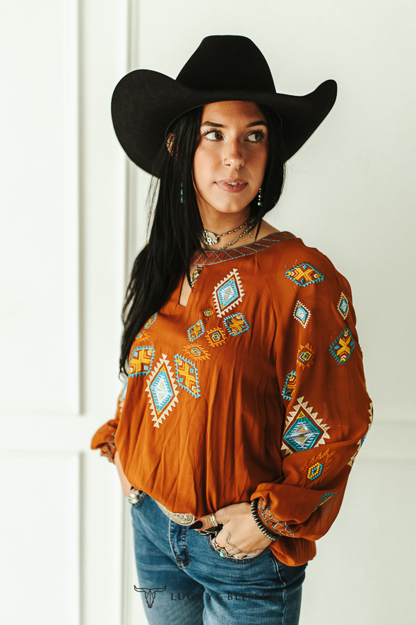 Mocha Aztec Embroidered Chiffon Keyhole Top