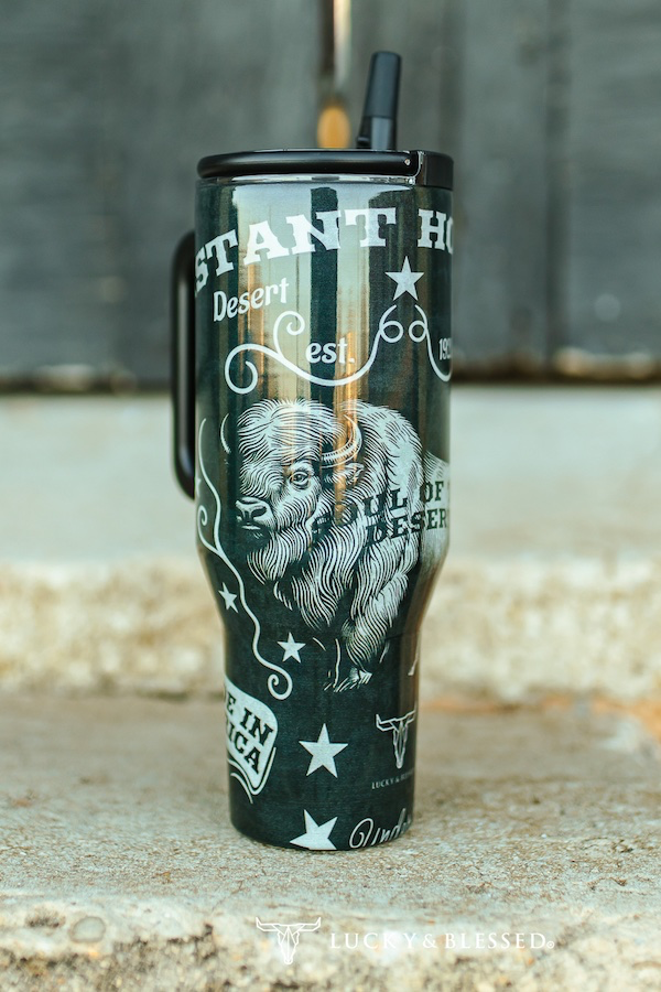 Black Buffalo Printed Flip Straw Tumbler With Lid Handle