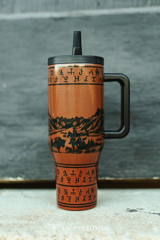 Brown Mountain Range Printed Flip Straw Tumbler With Handle Lid