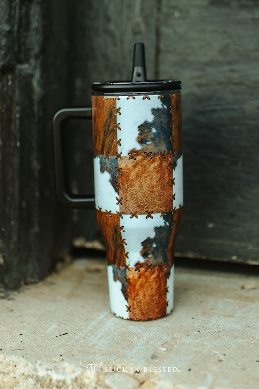 Cowhide Patch Printed Flip Straw Tumbler W Lid Handle