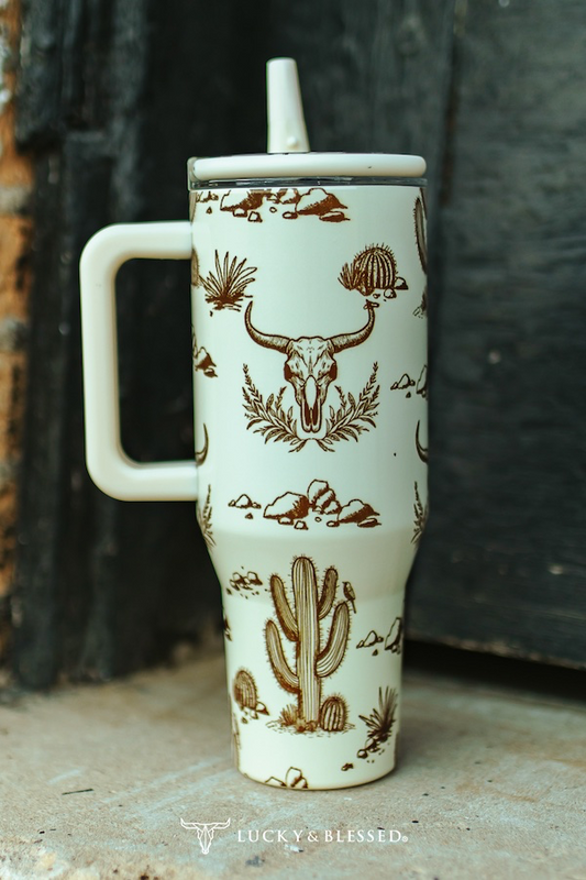 Desert Skull Cream Printed Flip Straw Tumbler W Lid Handle