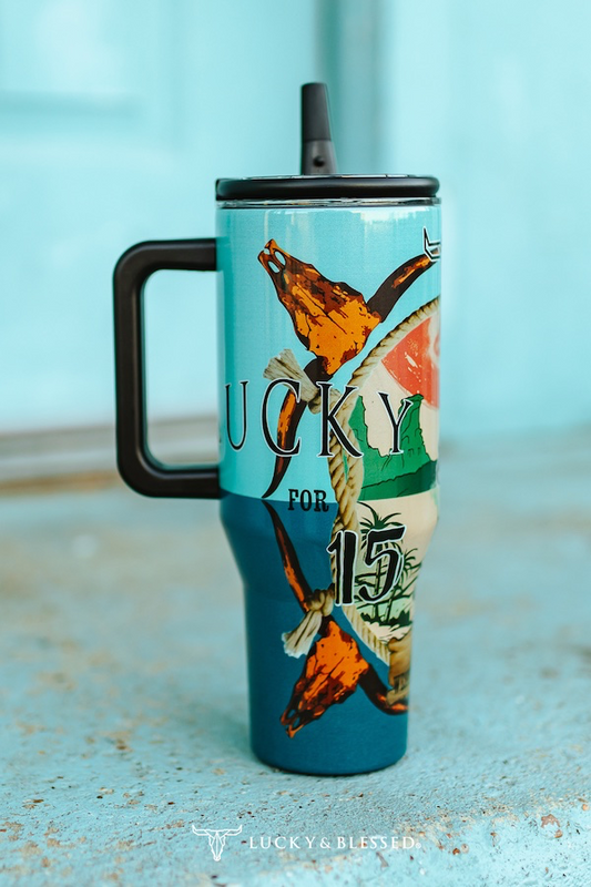 Lucky Jade Cow Skull Printed Flip Straw Tumbler W Lid Handle