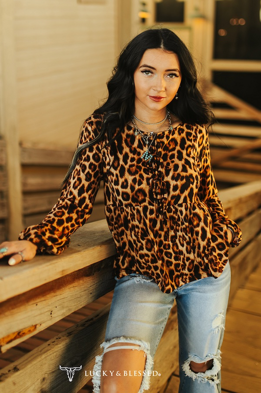 Brown Leopard Printed Front Tie Slit Blouse