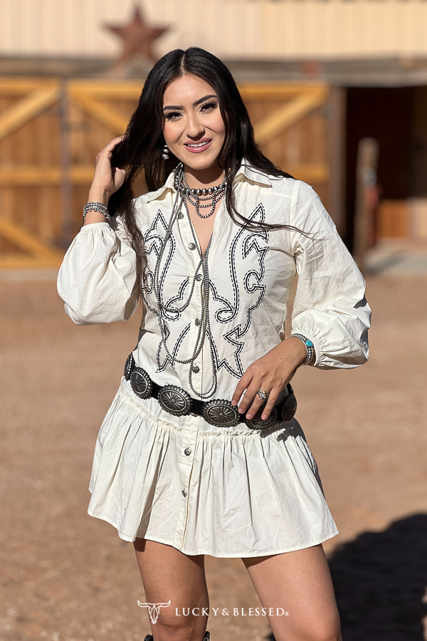Ivory Concho Button Down Collared Tier Dress