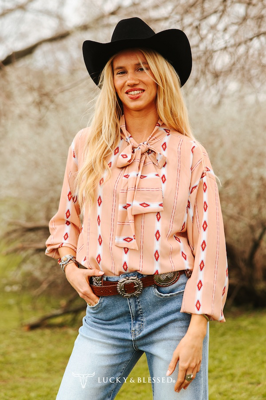 Retro 90S Beige Aztec Printed Long Sleeve Blouse W Tie