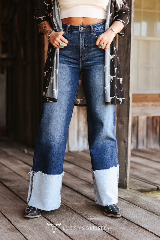 Dark Wash High Rise Cuffed Wide Leg Jeans (32 Inch Inseam)